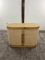 Anthropologie Sienna oak wood entryway cabinet with woven rattan doors open