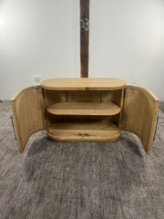 Alternate angle of the Anthropologie Sienna oak wood entryway cabinet
